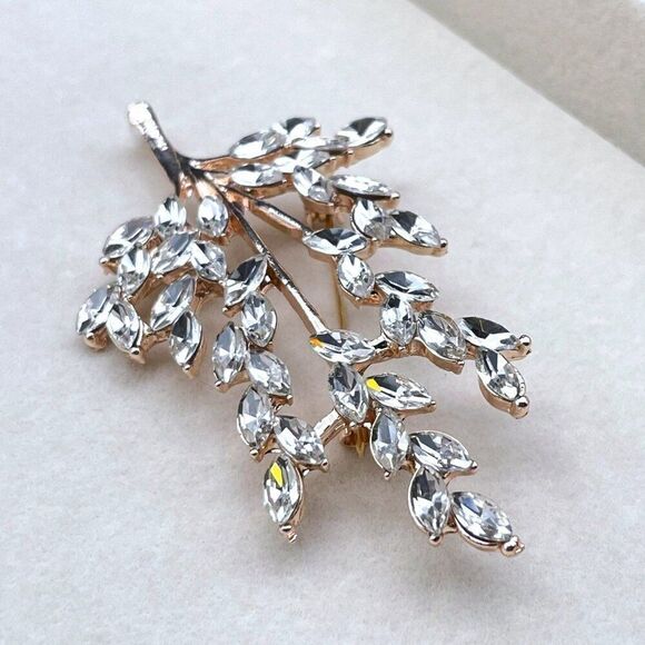 Rose Gold with White Diamond Crystal Tree Branch with Leaves Pin Back Brooch - Picture 6 of 9
